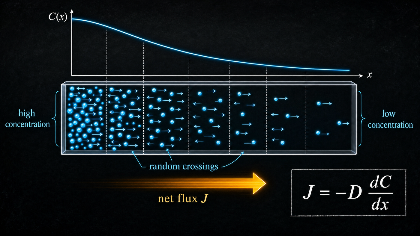 Fick's law diagram showing random particle crossings, a concentration gradient, and net flux